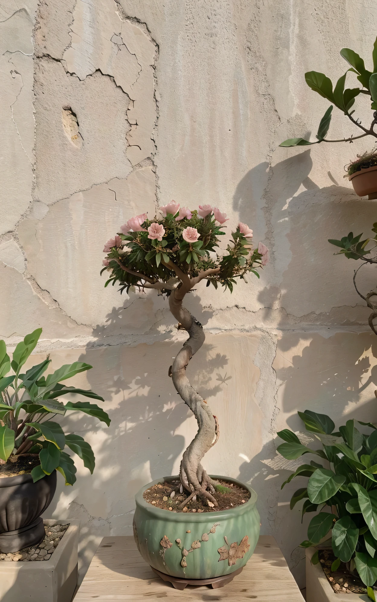 Create desert roses with huge caudex style bonsai with lots of roses. Flower is adenium. Desert background  