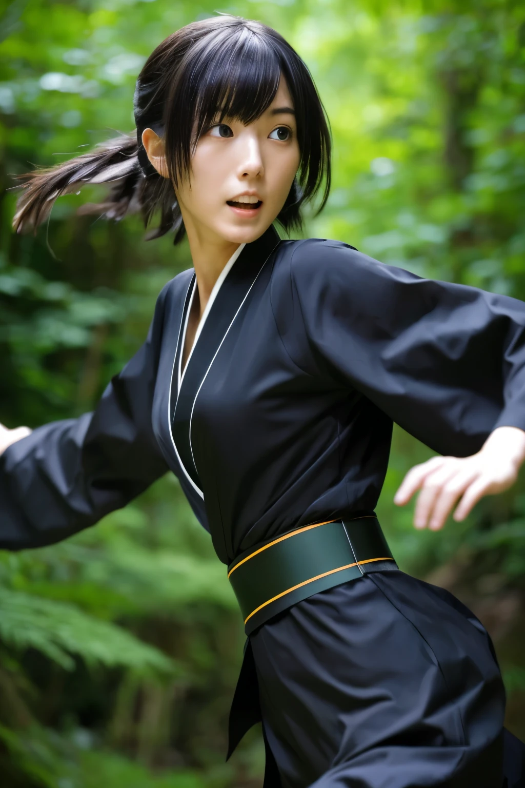 skinny Japanese woman in black Ninja kimono costume running to escape in the dark forest, beautiful face, ((detailed face, detailed eyes)), high quality, high resolution, hyperrealistic photo, a photo capturing a shocking moment, award-winning, masterpiece