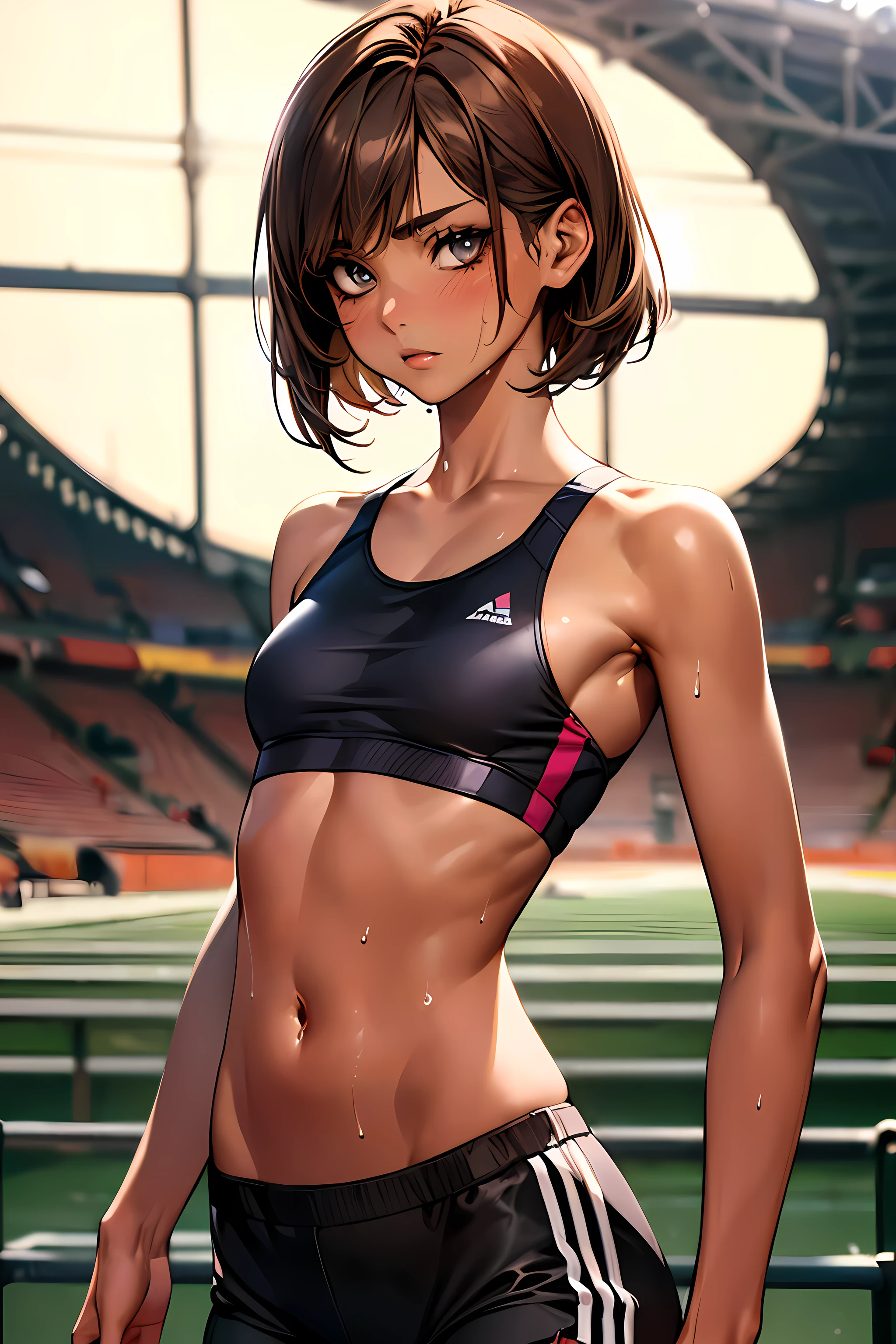 ((perfect anatomy:1.2,realistic:1.5,RAW Photography:1.5,masterpiece、highest quality、Ultra - High resolution、High resolution、Highly detailed CG、8K)),cowboy shot,1 female,solo、18 year old beauty,Japanese,((beautiful detailed face and eyes:1.3,gorgeous eyes:1.3,black eyes)),brown hair,short bob hair,straight hair,bangs,blush,((medium breasts,slender body,small head:1.3,skinny)),(brown skin:1.5),(gleaming skin,oily skin,shiny skin,sweat),(White sports bra、Black sports shorts、navel),standing,Athletics Stadium、
