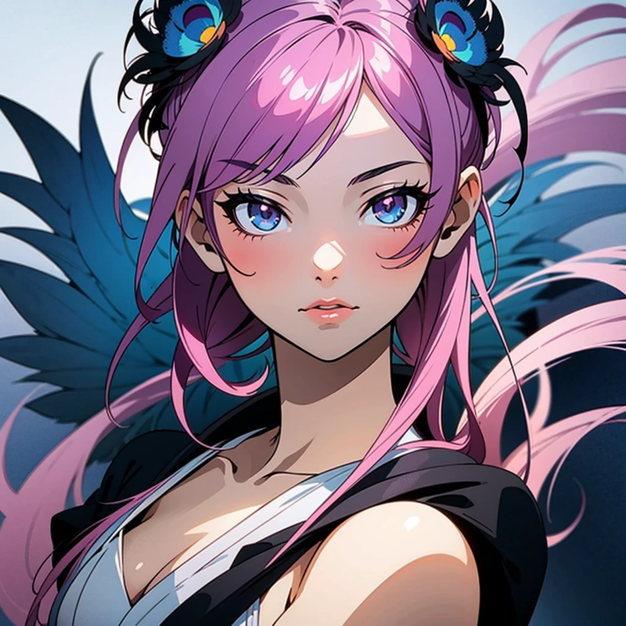 Girl with blue-pink hair and peacock feathers, inspired by Nari Hiko-kun, CGSOCIETY, 🌺 anime style. 8K, anime style 3D, popular on CGSTATION, 8K high quality detail art, Guvez style artwork, fantasy art style, realistic anime 3D style, anime inspiration, anime style mixed with Fujifilm