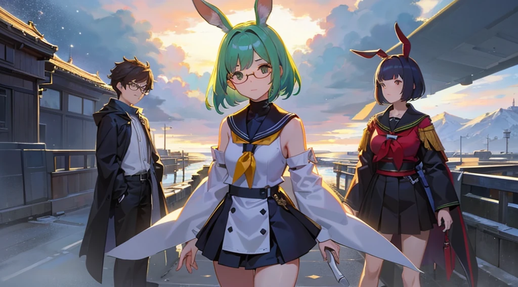 neat figure, {{{3 girl}}}, teenage girl, very short hair, Air bangs, deep green hair, extremely beautiful detailed anime face and eyes, ^ ^, highly detailed skin, rabbit ears, Round rabbit tail, Black glasses without a frame on top, gun, sailor dress, Long sleeve, white skirt, black background Clothes, Japanese style architecture, space, outdoors, luminous particles, Very detailed CG unified 8k wallpaper, very fine 8KCG wallpaper, hyper quality,