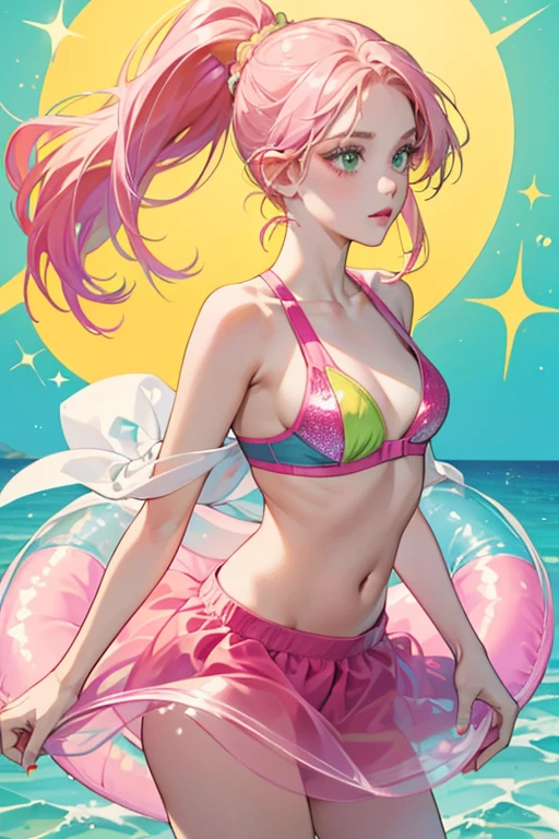 She is a thin bright pink with dark pink lips and blonde hair tied into a ponytail. She wears a bright green swimsuit that consists of a bright green bra and skirt. SPARKLE; GLITTER