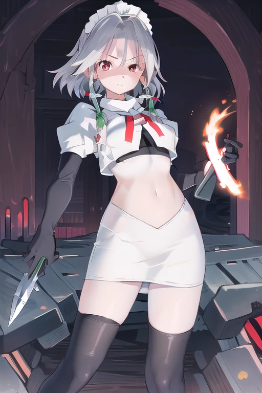 masterpiece, best quality, highres,  1girl, solo, sakuya1, izayoi sakuya, maid headdress, red eyes, grey hair, medium breasts, team rocket,team rocket uniform,white skirt,red letter R,crop top,black thigh-highs,black elbow gloves, holding knife