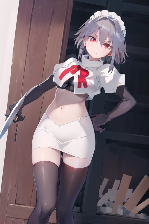 masterpiece, best quality, highres, 1girl, solo, sakuya1, izayoi sakuya, maid headdress, red eyes, grey hair, medium breasts, team rocket,team rocket uniform,white skirt,red letter R,crop top,black thigh-highs,black elbow gloves, holding knife
