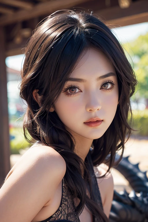 A beautiful woman with red eyes、Posing for a graceful photo with a giant black dragon, arpino,Gray Hair,Face to face, Ultra-realistic, Clear images