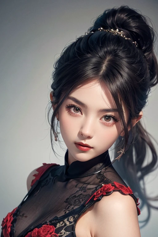 A beautiful woman with red eyes、Posing for a graceful photo with a giant black dragon, arpino,Gray Hair,Face to face, Ultra-realistic, Clear images