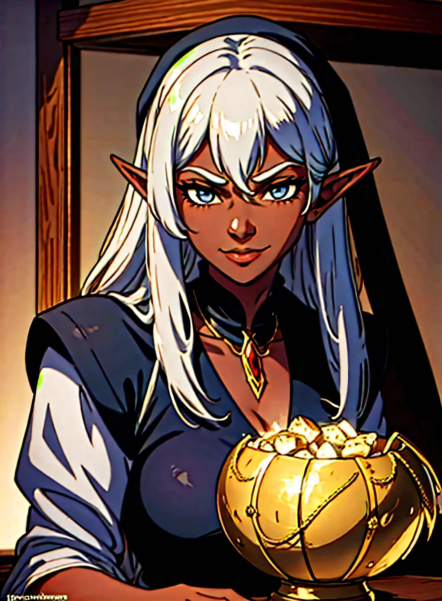 best quality,masterpiece,masterpiece portrait,intricate details,epic light,fantasy,Dungeons & Dragons,Retro,priest,dark elf,1girl,Wooden table,tavern,gray skin,An elegant smile,Squint,Close-up Portrait of a Mycenaean female Drow Person wearing golden jewelry, Spiders:0.9, webs:1.0, Fantasy, Volumetric lighting, concept art, brush stroke style, artstation, trending, highly detailed, art by greg rutkowski  