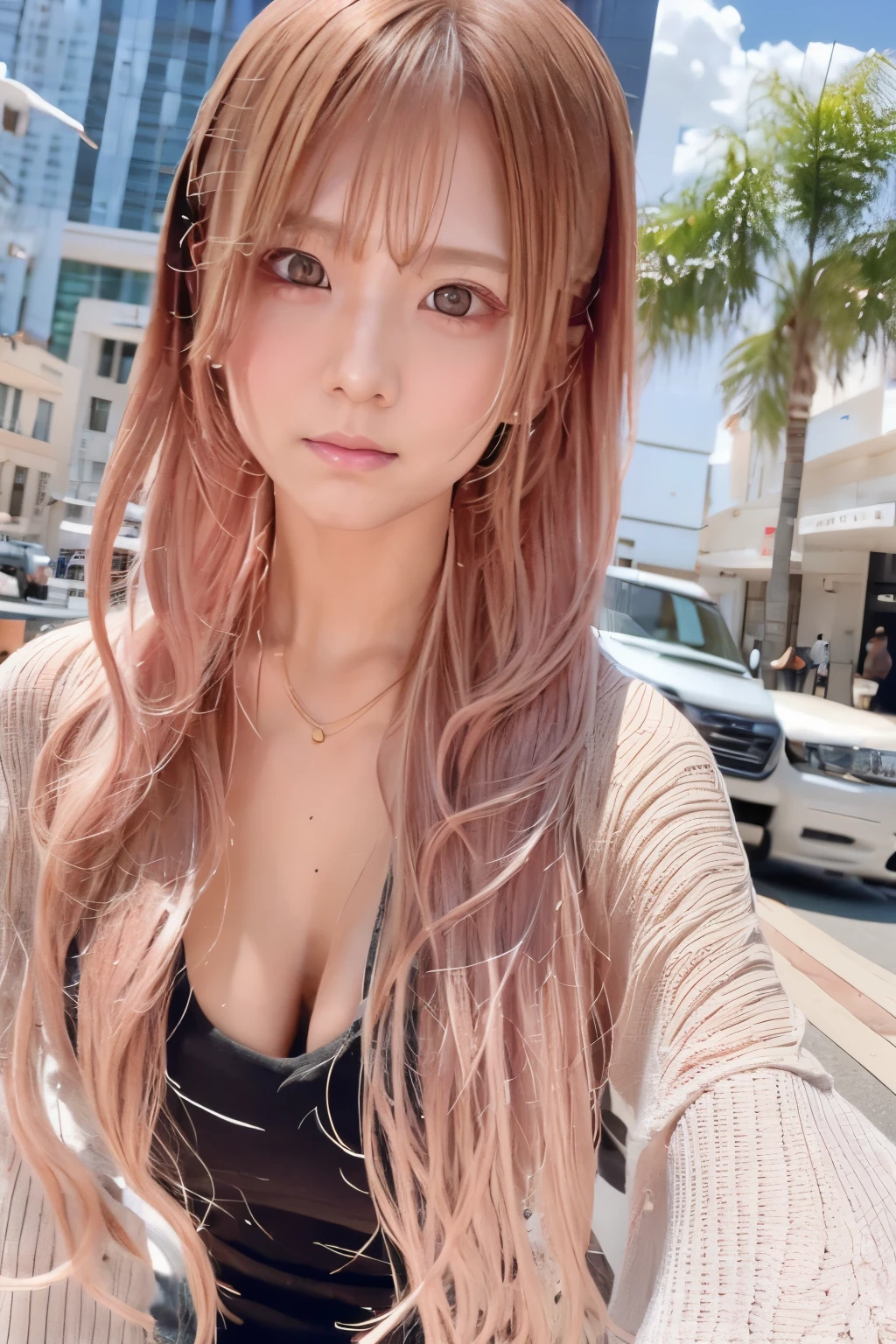 Hair color: Pink　model　woman　Long Hair　No sleeve　Pink clothes　diagonal　Selfie　diagonal上　Selfie　summer　