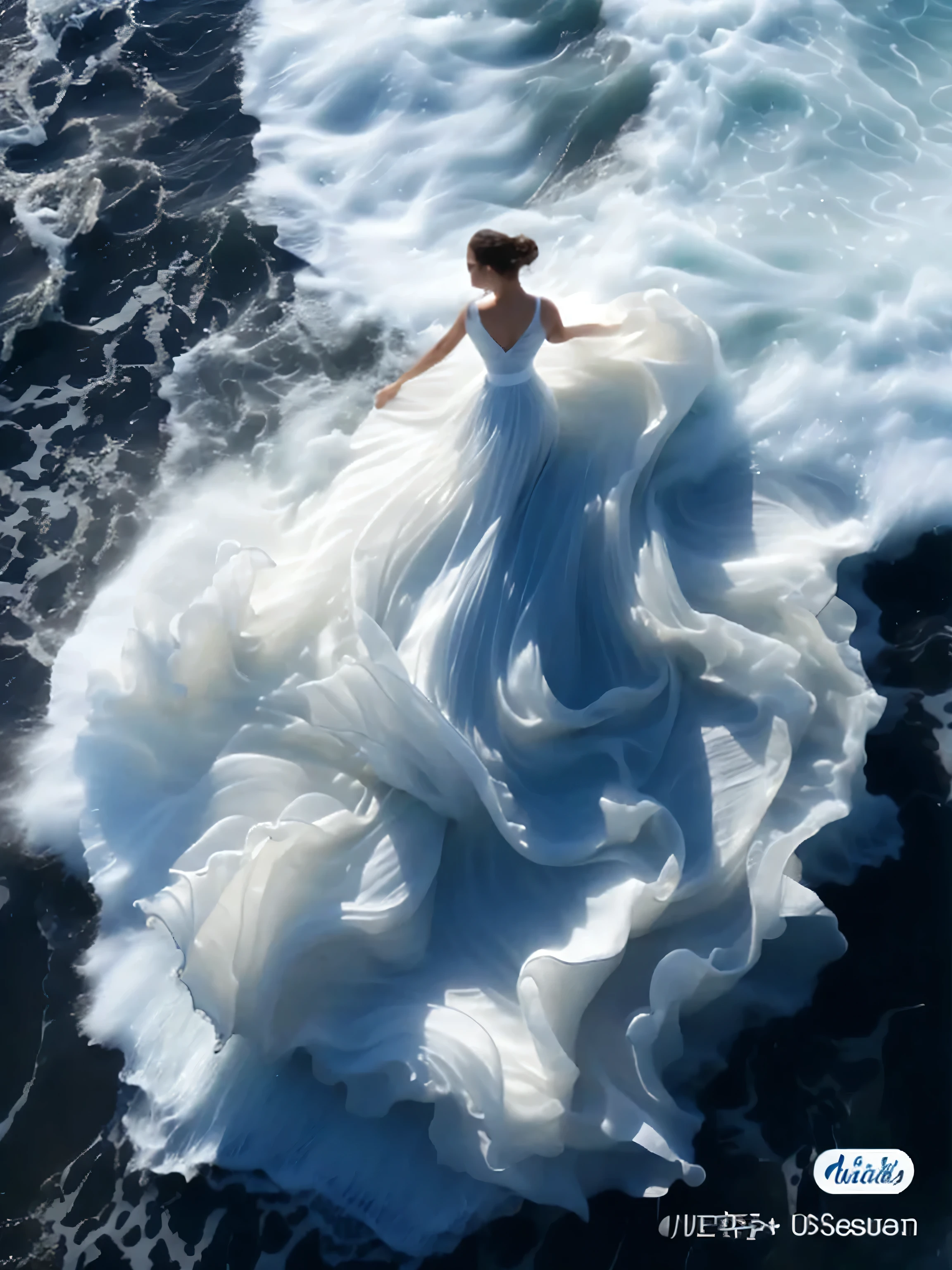 Arad woman in flowing dress standing on the waves of the sea, Wearing a skirt made of water, deusa do mar, flowing dress, Deusa do Mar, ondas crescentes, wearing white flowing dress, lindo tecido fluido, incredible waves, fotos impressionantes, flowing white robes, usando vestidos lindos