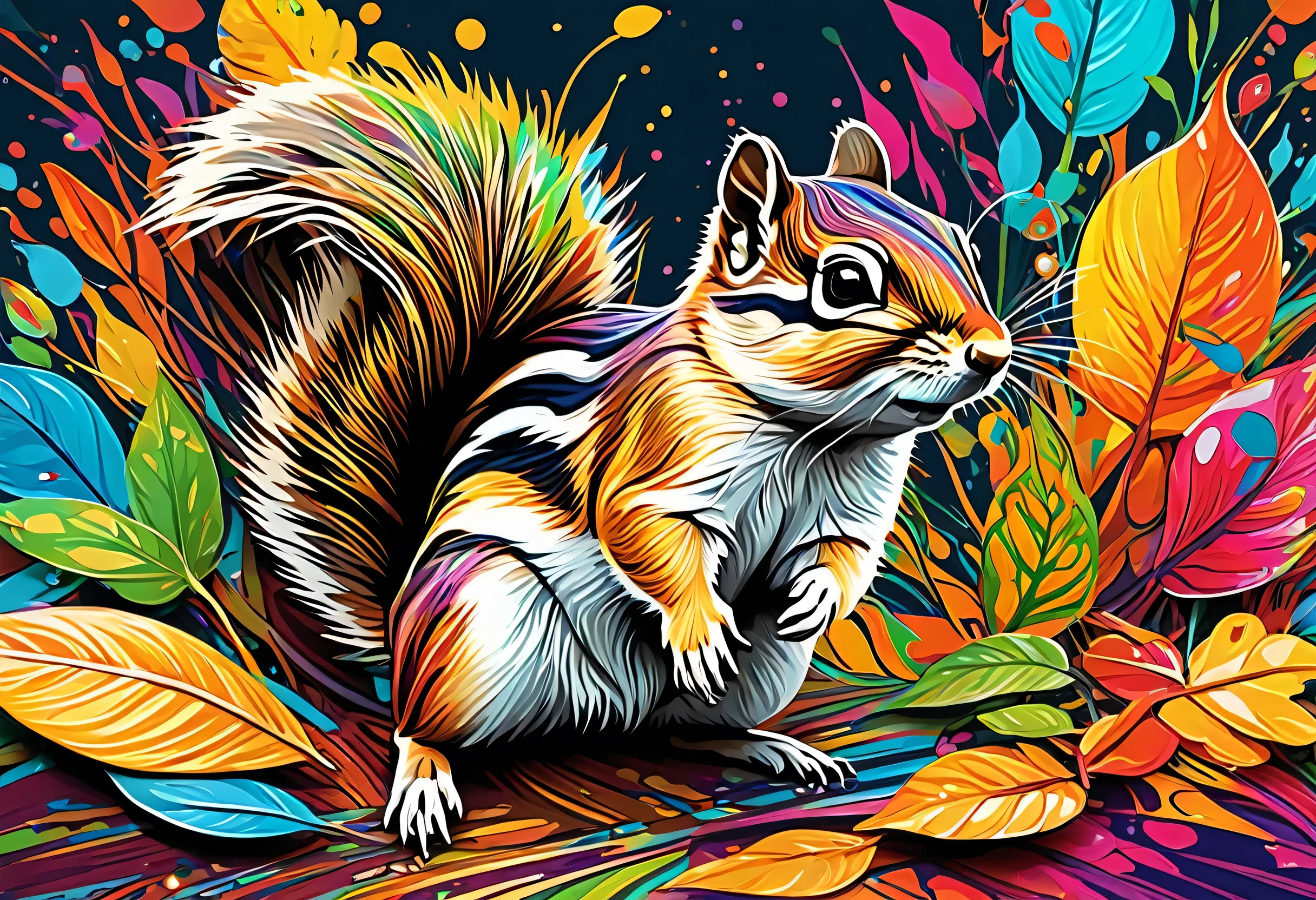 A scampering Chipmunk with colorful paint on its body and leaves, vector art:Zahari Zograf, Trending on Pexels, psychedelic art, Rich in color and detail, A complex and colorful masterpiece, art:Alessandro Pautasso, very complex and colorful, colorful hd images, A colorful and intricate masterpiece, High quality HD digital art, great digital art, very colorful