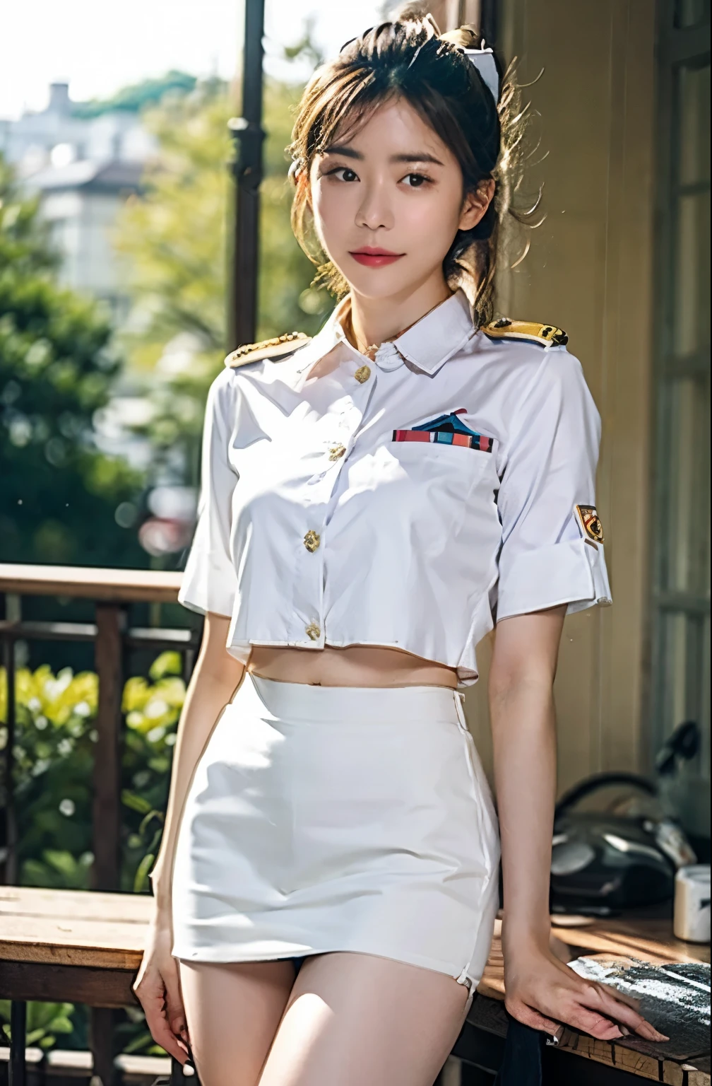 real photos、Highest im年 quality、realistic、Beautiful woman、beautiful thighs、spread legs,beautiful face、real im years、federal army uniform miniskirt、ponytail、Yuriko Yoshitaka、 Japanese female、Zuo々Ki Nozomi:1.4、pretty girl、white pantiesが見える、1６age、（white panties:1.3）、super mini skirt、beautiful thighs、white panties、ピンクのミニスカートがめくれてwhite pantiesが見えてる