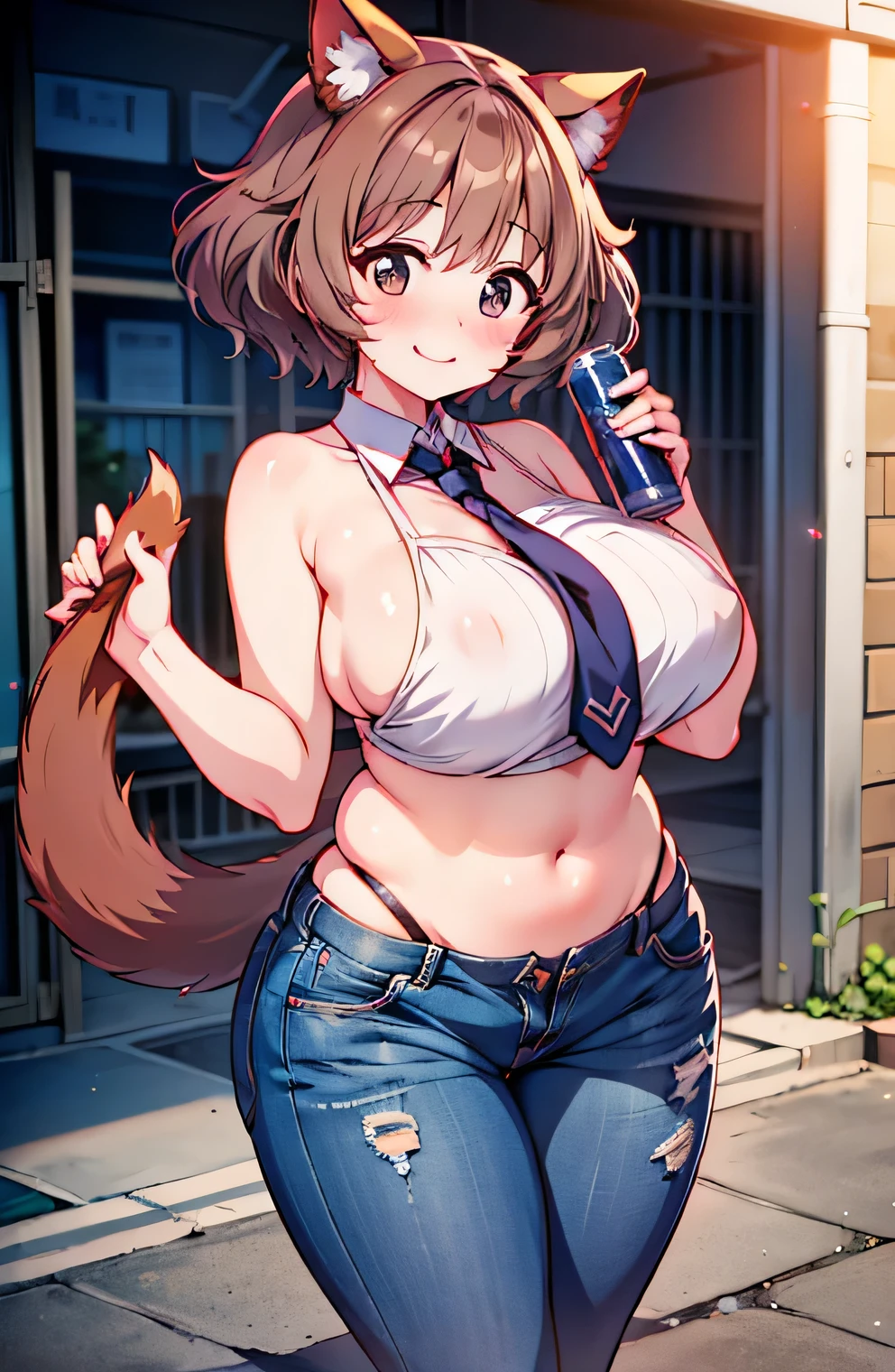 Anime illustration、highest quality、A short and voluptuous high school girl idol、Sporty tube top、High leg、Dog park、Tie pants、Perfect proportions、overwhelmingly big breasts、Beautiful, shining eyes、Blushed、smile、Cowboy Shot、Dangerous Beast