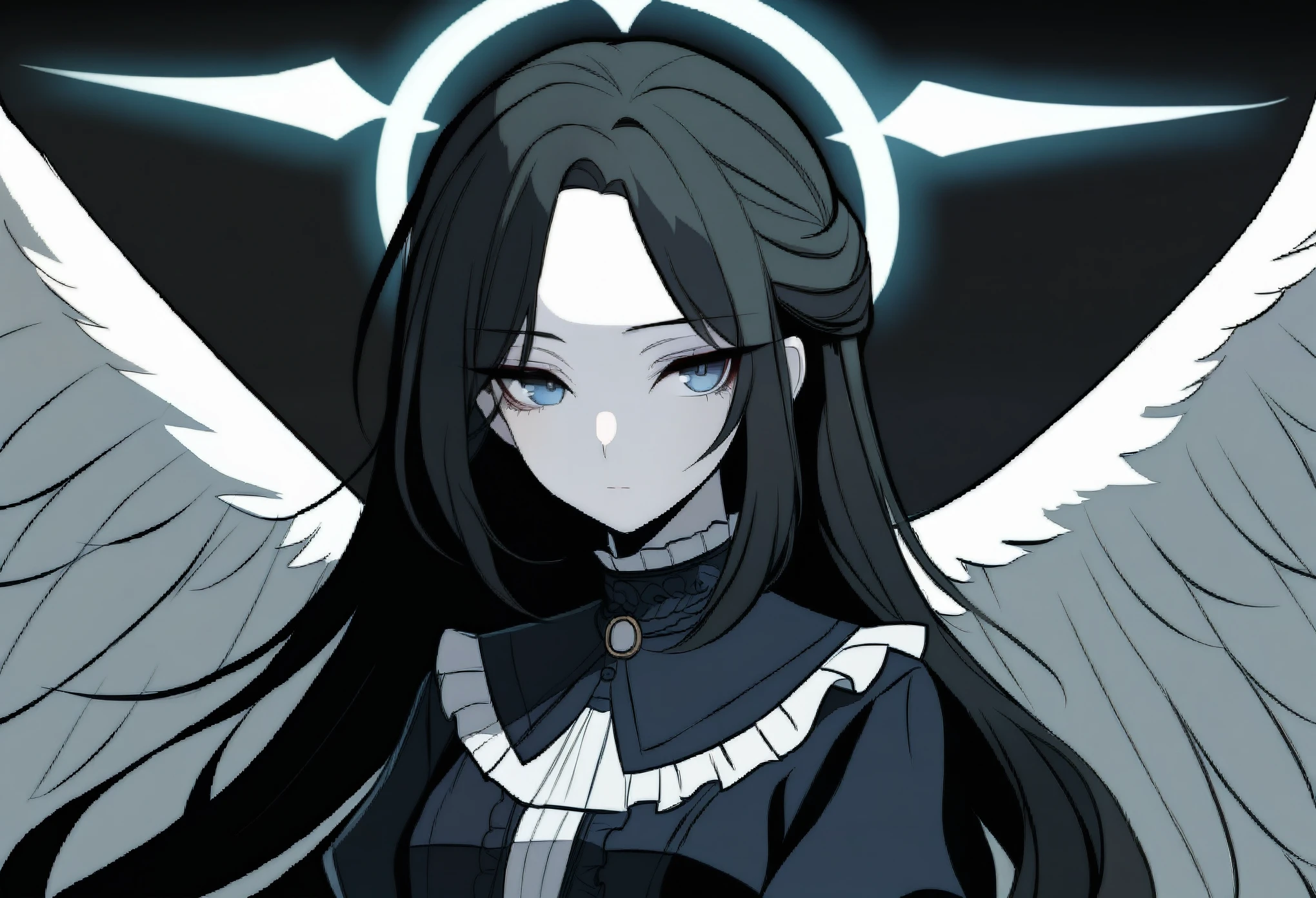 masterpiece, T-ponyai3 style, zoom out, score_9, score_8_up, score_7_up, portrait, 1girl, solo, black hair, long hair, parted bangs, dark blue eyes, innexpressive, pale skin, small breasts, upper body, victorian fashion, black dress, frilled dress, short sleeves, white wings, (huge wings:1.2), halo over head, arms on sides, black background, best quality
