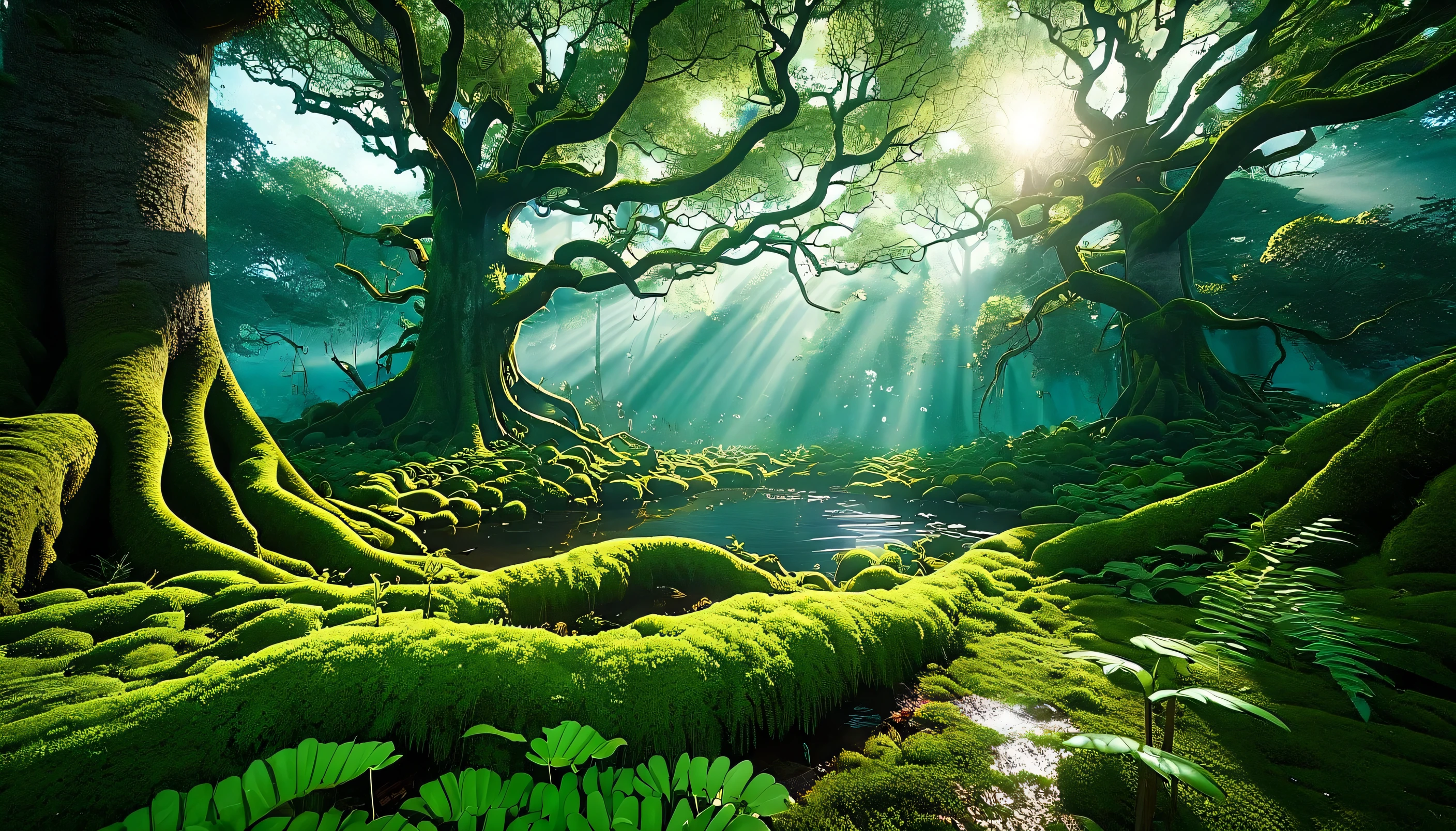 "ultra-detailed, highres forest scene, giant insects, monstrous trees, realistic foliage, vibrant colors, soft sunlight, HDR, mystical atmosphere, bokeh, vivid bioluminescence, haunting beauty, hauntingly beautiful, magical landscape, dreamlike scenery, hidden creatures, ethereal ambiance, intricate details, dense foliage, towering trees, atmospheric lighting, otherworldly forest, surreal vibes, fantasy setting, enchanted forest, cinematic composition, immersive experience, captivating wilderness, eerie glow, mysterious shadows, ancient trees, lush vegetation, oversized caterpillars, menacing beetles, mythical creatures lurking, moss-covered branches, serene tranquility, perspective-play, sense of scale, foggy ambiance, golden rays piercing through the canopy, haunting melodies, reflection of the moon on a tranquil pond, soft breeze rustling the leaves, hypnotic allure of nature."