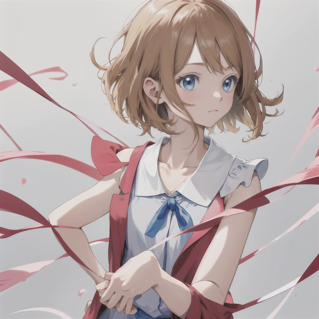 masterpiece, best quality, highres, serena \(pokemon\), short hair, blue eyes, 1girl, solo, blue ribbon, eyelashes, neck ribbon, sleeveless, bangs, collarbone, bare arms, pink dress , red coat, white background, front, no scenery, looking at the viewer,upper body, facing viewer, solid color background, clean background, facing the camera, high resolution, expressionless calm face, white back ground, looking away, simple_background