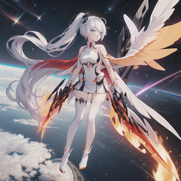 kiana kaslana,kiana kaslana \\\(herrscher of flamescion\\\),ponytail,white thigh boots,white armor,orange earrings,torn cape,black hair ornament,gauntlets,blue eyes,white thighhighs, big sword slash, full body, outer space