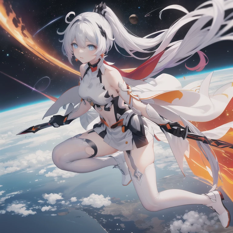 kiana kaslana,kiana kaslana \\\(herrscher of flamescion\\\),ponytail,white thigh boots,white armor,orange earrings,torn cape,black hair ornament,gauntlets,blue eyes,white thighhighs, big sword slash, full body, outer space