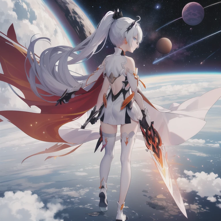 kiana kaslana,kiana kaslana \\\(herrscher of flamescion\\\),ponytail,white thigh boots,white armor,orange earrings,torn cape,black hair ornament,gauntlets,blue eyes,white thighhighs, big sword slash, full body, outer space