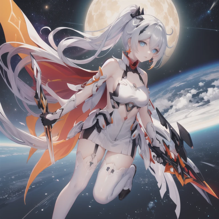 kiana kaslana,kiana kaslana \\\(herrscher of flamescion\\\),ponytail,white thigh boots,white armor,orange earrings,torn cape,black hair ornament,gauntlets,blue eyes,white thighhighs, big sword slash, full body, outer space