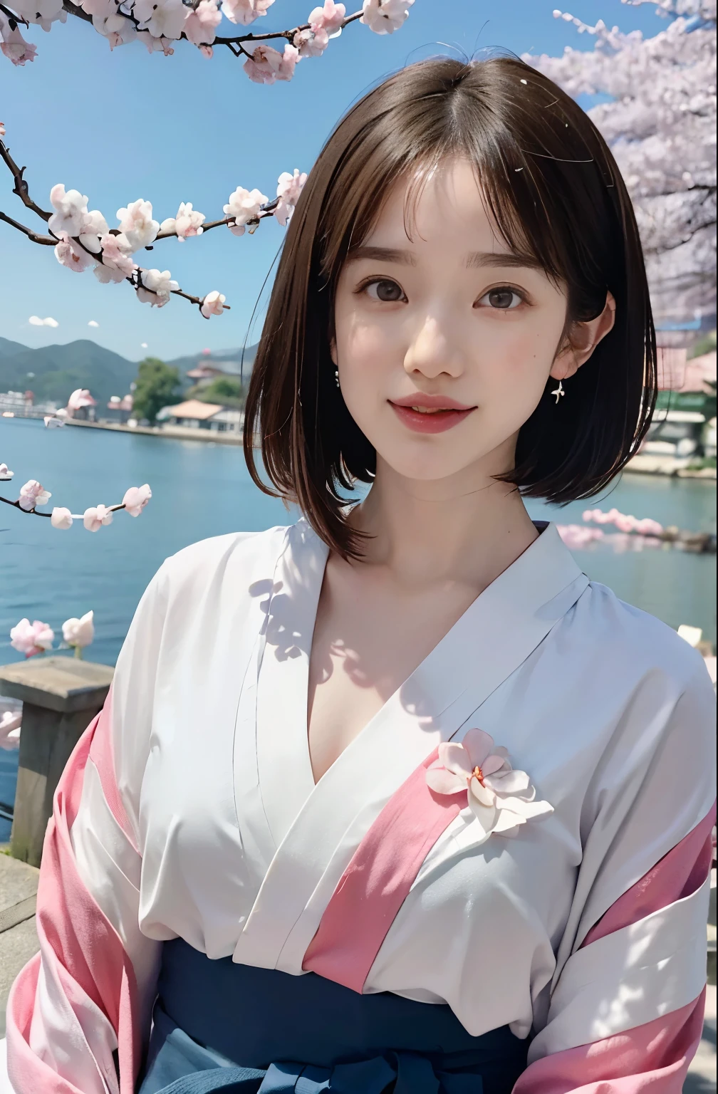 high quality,8k,High resolution,(Realistic:1.37),(Very detailed),(最high quality,4K),(masterpiece:1.2),wallpaper,Awareness-raising,personal,Japanese ,Short black straight hair,Perfect Skin,Beautiful and delicate eyes,Attractive delicate lips,cheeks turn a little red,fine long eyelashes,Soft daylight lighting,(Sharp focus),Soft refraction of sunlight,(Vibrant colors),(Studio Lighting),slight sweat,(Japan kimono),(Blue sky and white clouds),(Long eyebrows),(Large Eyes),(An innocent smile),(Confident posture),(clear&white),(Pink skin),(Thin fingers),(Soft Makeup),(Chest hold position),(Good clothes),(Pearl Necklace),(rich background),(Natural scenery),(絵のように美Shii scenes),(sunset),(Cherry Blossom),(Traditional Culture),(grace),(A sophisticated face),(Breeze),(Fairyland on Earth),(絵のように美Shii),(like々Shii),(There is a smile on his face),(Bright Eyes),(Laugh brightly),(Charming Bag),(likeくて美Shii),(Close-up of the shooting angle),(Soft and feminine)