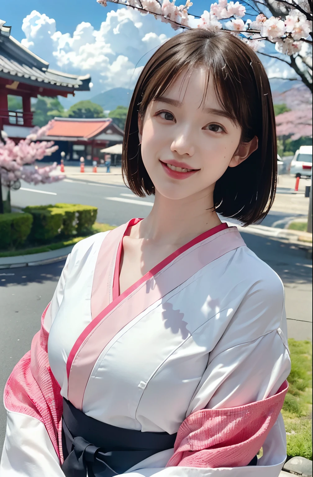 high quality,8k,High resolution,(Realistic:1.37),(Very detailed),(最high quality,4K),(masterpiece:1.2),wallpaper,Awareness-raising,personal,Japanese ,Short black straight hair,Perfect Skin,Beautiful and delicate eyes,Attractive delicate lips,cheeks turn a little red,fine long eyelashes,Soft daylight lighting,(Sharp focus),Soft refraction of sunlight,(Vibrant colors),(Studio Lighting),slight sweat,(Japan kimono),(Blue sky and white clouds),(Long eyebrows),(Large Eyes),(An innocent smile),(Confident posture),(clear&white),(Pink skin),(Thin fingers),(Soft Makeup),(Chest hold position),(Good clothes),(Pearl Necklace),(rich background),(Natural scenery),(絵のように美Shii scenes),(sunset),(Cherry Blossom),(Traditional Culture),(grace),(A sophisticated face),(Breeze),(Fairyland on Earth),(絵のように美Shii),(like々Shii),(There is a smile on his face),(Bright Eyes),(Laugh brightly),(Charming Bag),(likeくて美Shii),(Close-up of the shooting angle),(Soft and feminine)