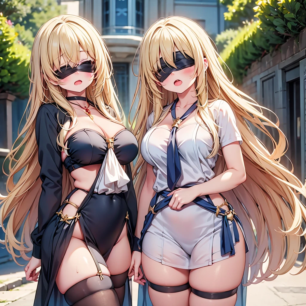 highest quality,wonderful,finely,extremely detailed CG Unity 8K wallpaper, (Stand in line:1.2), (3 girls, blonde, clothed), (midium breasts), (open mouth:1.1), (long tongue:1.1), (mouth drool:1.1), (black stockings:1.1),(Thighs:1.2),(Waistline:1.2),(black blindfold, blindfold:1.5)