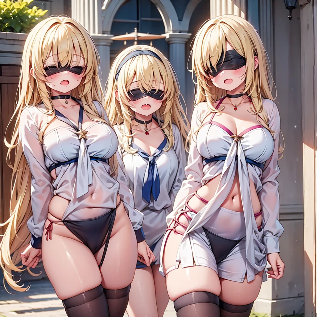 highest quality,wonderful,finely,extremely detailed CG Unity 8K wallpaper, (Stand in line:1.2), (3 girls, blonde, clothed), (midium breasts), (open mouth:1.1), (long tongue:1.1), (mouth drool:1.1), (black stockings:1.1),(Thighs:1.2),(Waistline:1.2),(black blindfold, blindfold:1.5)