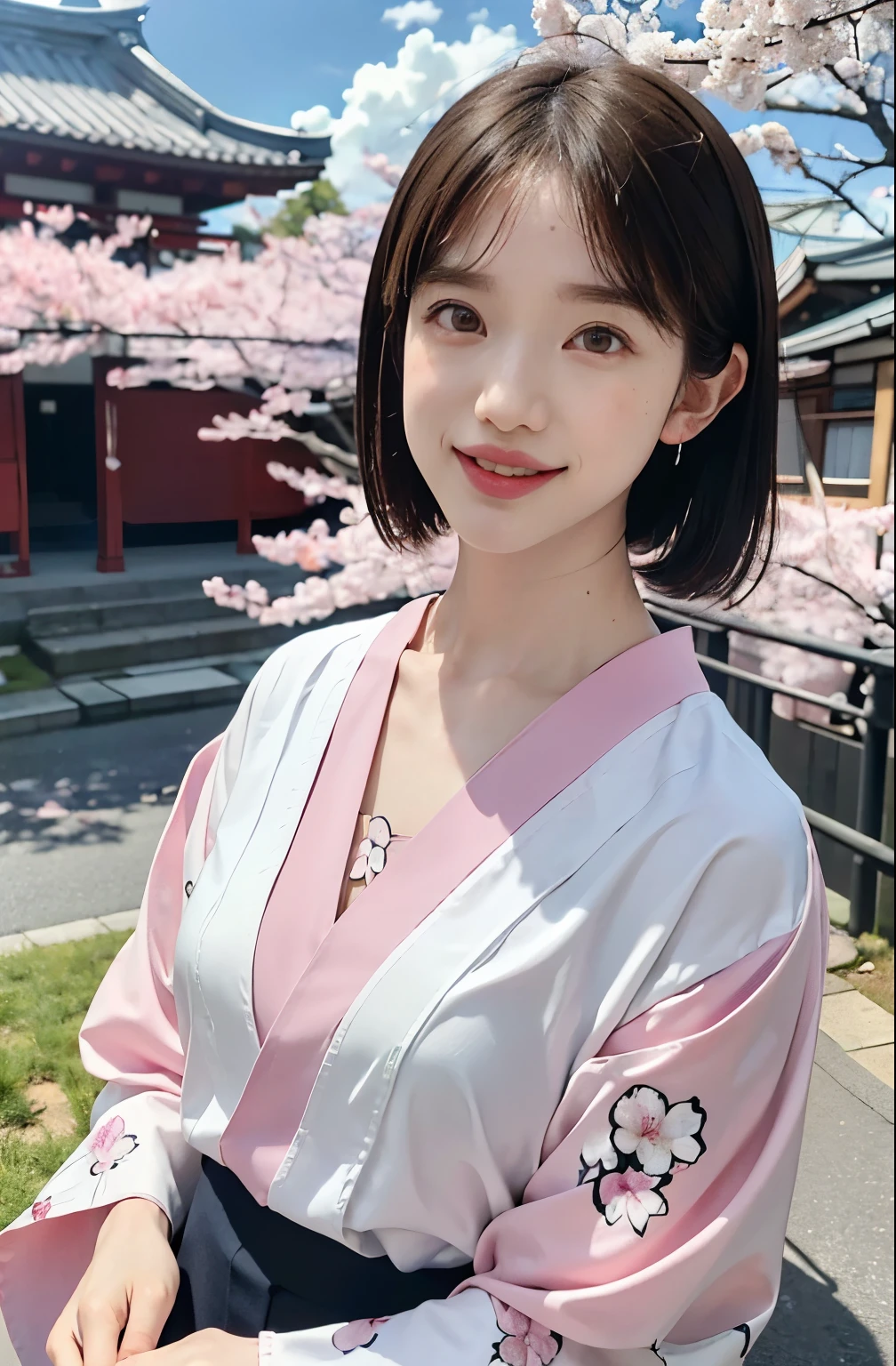 high quality,8k,High resolution,(Realistic:1.37),(Very detailed),(最high quality,4K),(masterpiece:1.2),wallpaper,Awareness-raising,personal,Japanese ,Short black straight hair,Perfect Skin,Beautiful and delicate eyes,Attractive delicate lips,cheeks turn a little red,fine long eyelashes,Soft daylight lighting,(Sharp focus),Soft refraction of sunlight,(Vibrant colors),(Studio Lighting),slight sweat,(Japan kimono),(Blue sky and white clouds),(Long eyebrows),(Large Eyes),(An innocent smile),(Confident posture),(clear&white),(Pink skin),(Thin fingers),(Soft Makeup),(Chest hold position),(Good clothes),(Pearl Necklace),(rich background),(Natural scenery),(絵のように美Shii scenes),(sunset),(Cherry Blossom),(Traditional Culture),(grace),(A sophisticated face),(Breeze),(Fairyland on Earth),(絵のように美Shii),(like々Shii),(There is a smile on his face),(Bright Eyes),(Laugh brightly),(Charming Bag),(likeくて美Shii),(Close-up of the shooting angle),(Soft and feminine)