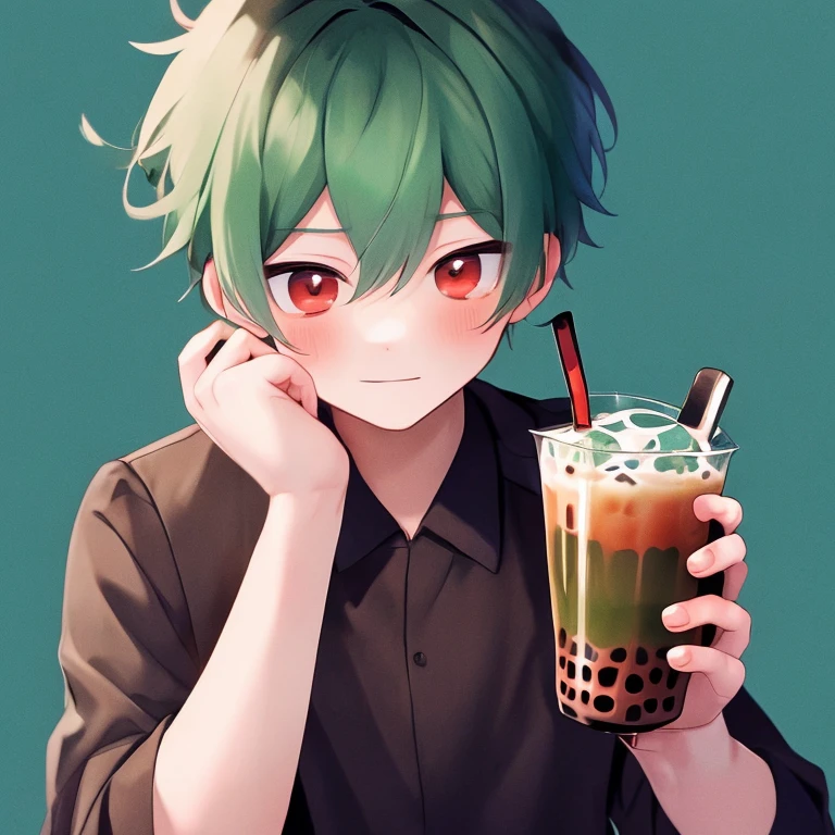 A young boy with a boba tea on his hands, (elegant clothes), (red eyes), (blue&green hair), (annoyed face) 