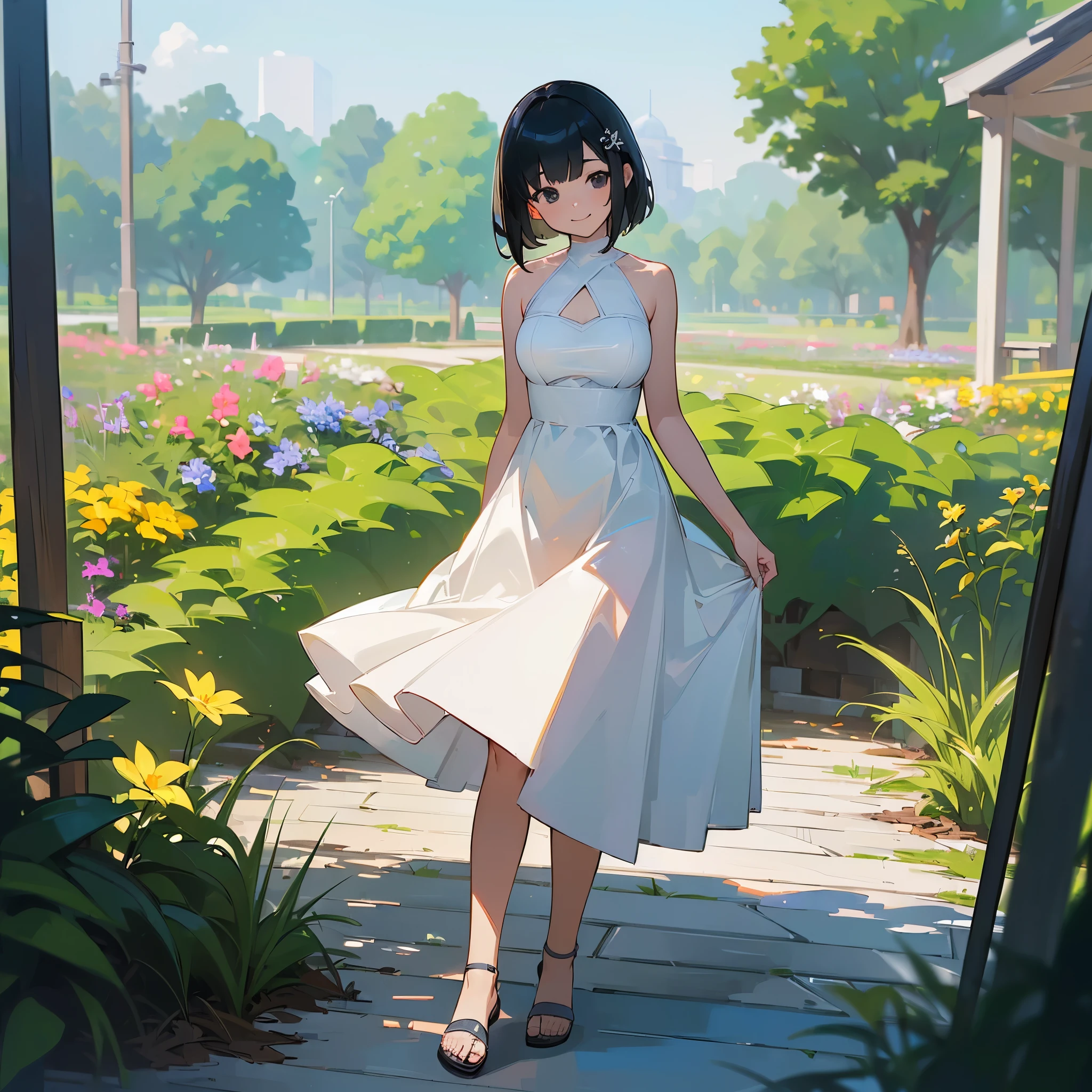 (high quality, High resolution, Very detailed, reality:1.37), Peaceful atmosphere, (Outdoor, garden),  girl standing alone, (my breasts are big.), Beautiful detail features, Cute Smile, (Black bob hair), White sleeveless dress, Sandals.