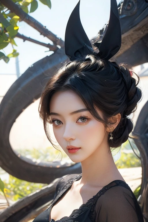 A beautiful woman with red eyes、Posing for a graceful photo with a giant black dragon, arpino,Gray Hair,Face to face, Ultra-realistic, Clear images