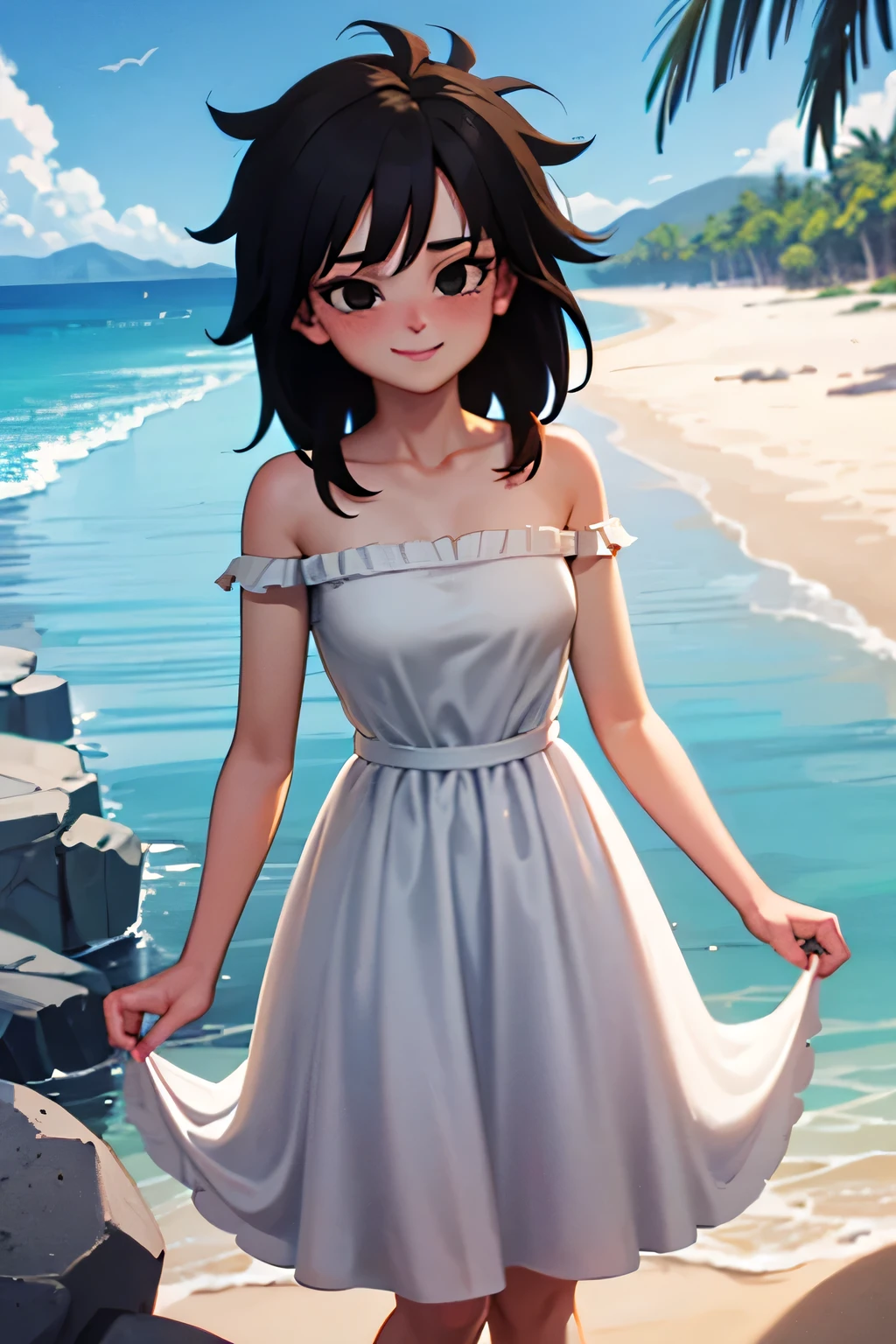 anime screencap, masterpiece, best quality, highres, outdoors, small breasts, gine, spiky black hair, 1 girl, Solo, Black Eyes, Good hands are down, Smile, Blushing, Bare Neck, Bare Arms, Bare Shoulders, White Dress, Strapless White Dress, Lace Off-shoulder top, Ruffle Off-the-Shoulder Top, Long Skirt. Cowboy shot. A landscape of the beach, sea, blue skies, sand beach. In the center. Walking on the beach with bare feets. Far from the bottom, looking at viewers