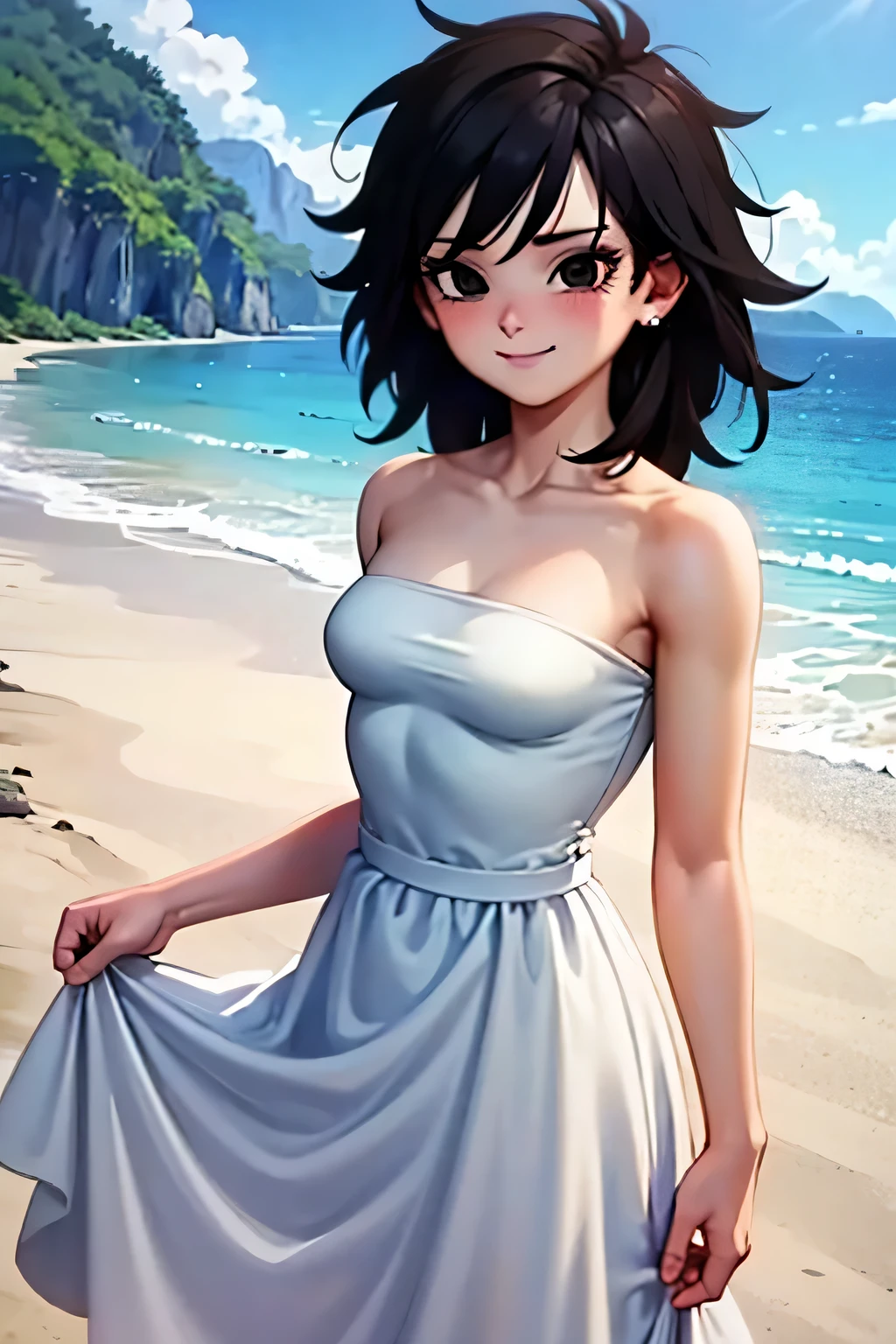 anime screencap, masterpiece, best quality, highres, outdoors, small breasts, gine, spiky black hair, 1 girl, Solo, Black Eyes, Good hands are down, Smile, Blushing, Bare Neck, Bare Arms, Bare Shoulders, White Dress, Strapless White Dress, Lace Off-shoulder top, Ruffle Off-the-Shoulder Top, Long Skirt. Cowboy shot. A landscape of the beach, sea, blue skies, sand beach. In the center. Walking on the beach with bare feets. Far from the bottom, looking at viewers