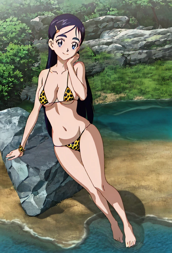 Anime beautiful girl with big breasts standing on a rock by the water、I have a seductive look on my face on the beach。Painted by an anime painter studio named Rumiko、With ecchi anime-style illustrations、She stood on the beach、Standing near the sea。The background is like paradise、It is a beautiful beach with a lot of sun。Thigh opening