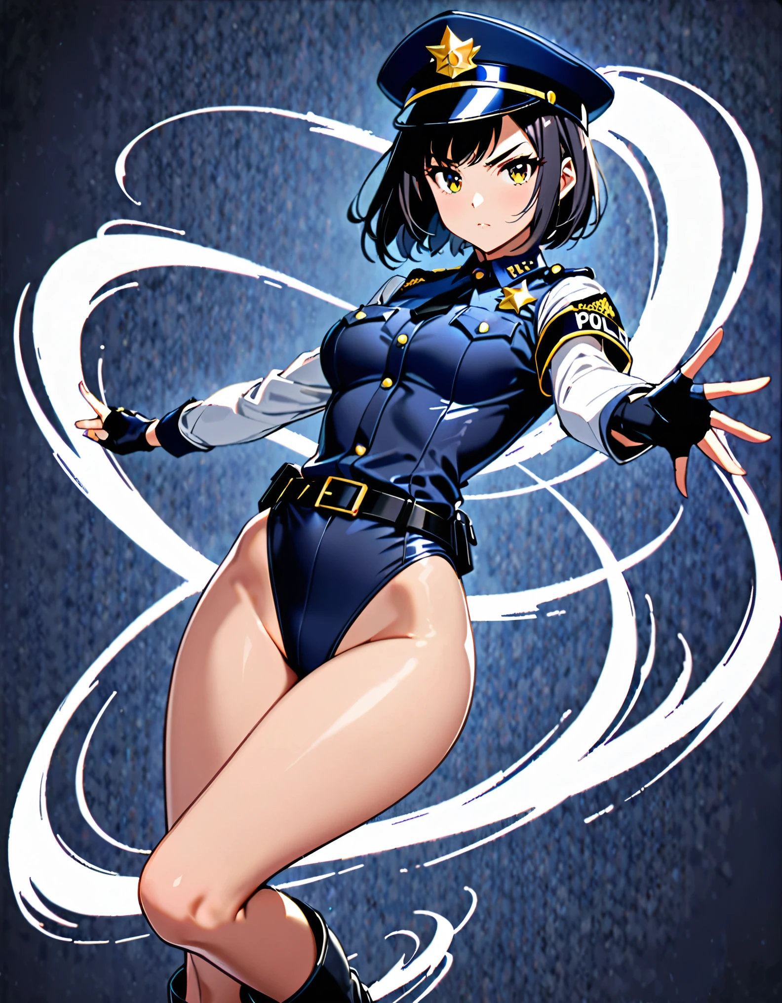 (masterpiece), (best quality), (high res),1girl, tall body, ((short hair, bob hair, jet black hair)), (hazel eyes) beautiful detailed eyes, beautiful detailed face, cute face, perfect hands, complete fingers, perfect anatomy, perfect proportions, ((hat, black police hat)), ((leotard, matching leotard, bare legs)), ((boots, matching boots)), breasts, medium breasts, fingerless gloves, (full body portrait), looking at viewer, solo, solo focus, police uniform, cowboy shot, (belt, tight belt), (armbands, white sleeves), serious, crossed arms, full body costume design. ahoge, she spins at an incredible speed, creating a whirlwind of air around her.