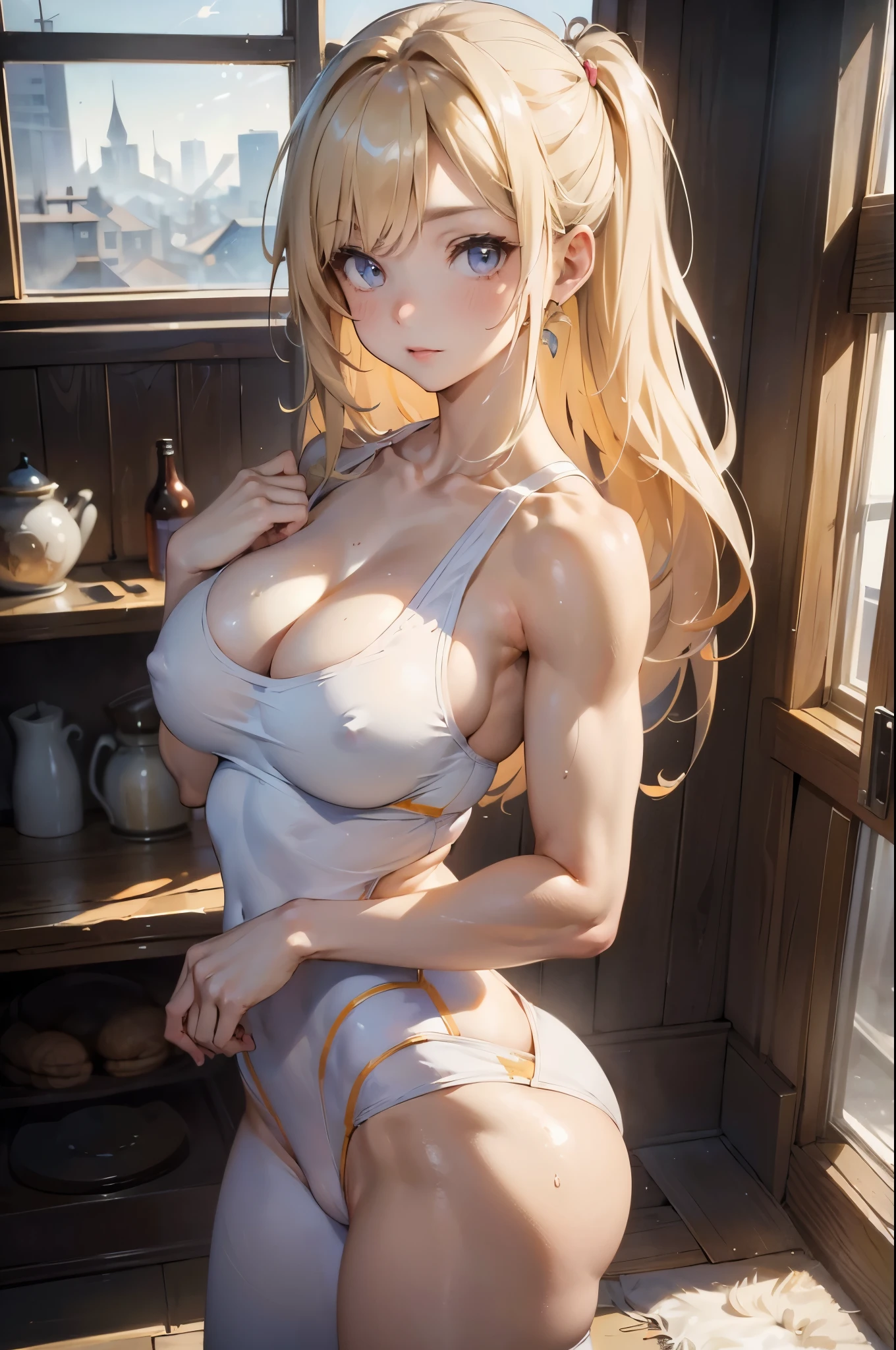 ((masterpiece)), ((best quality)), ((best quality)), (Illustration of One Girl), whole body, 25 years old,, Blonde, ((Muscular body)),  (White yoga clothes),, （Very large breasts）），（（Grooves reveal original skin））