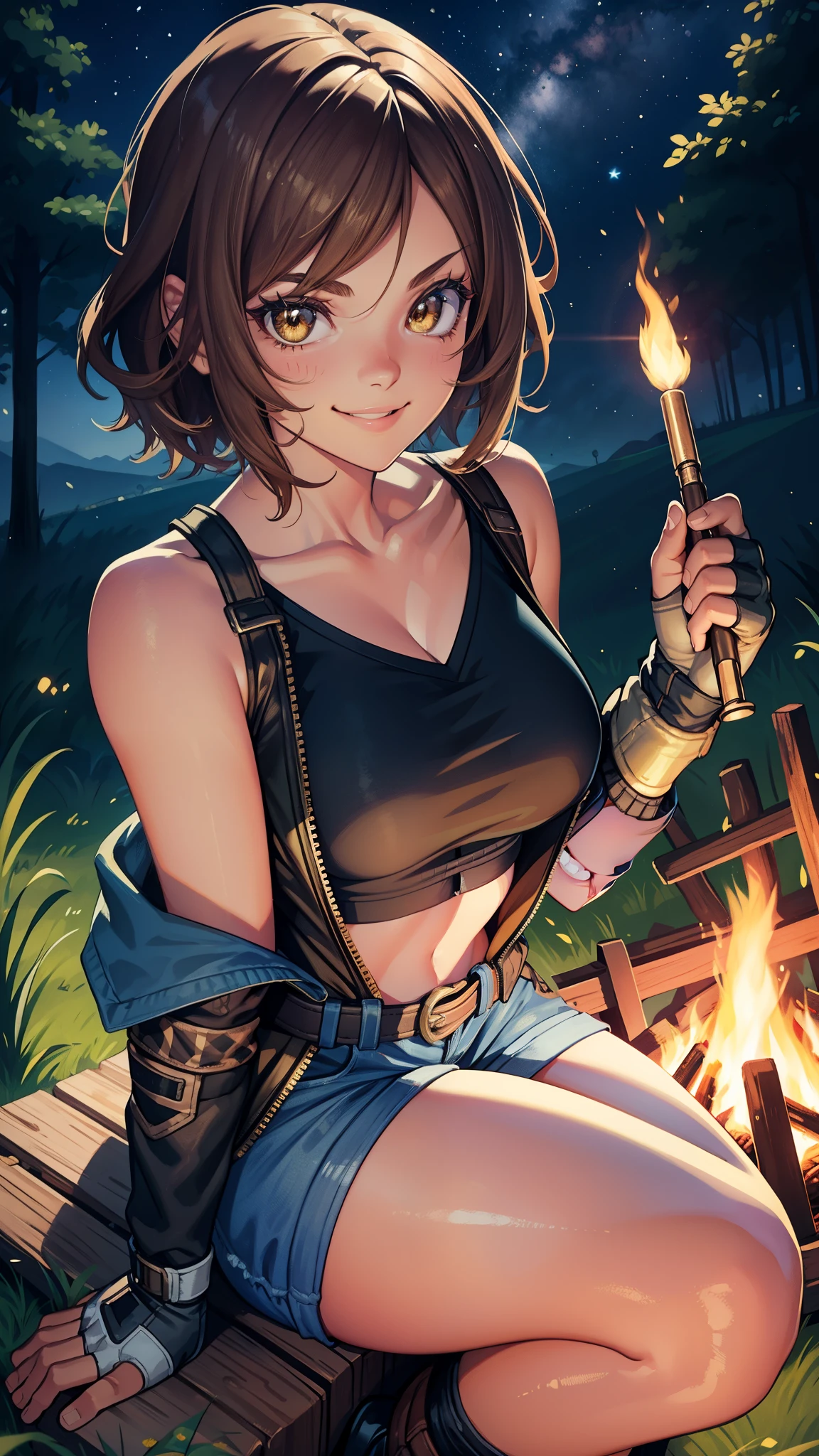 short hair, brown hair, yellow glowing eyes, perfect lips, sitting next to a bonfire, confident smile,cute expression, cute face, campfield, fingerless gloves, gun, tank top, jacket, sitting pose, ultra detailed face, long eyelashes, sharp eyes , Fullbody shot, dinamic viewer, night sky , dinamic point of view, diferents point of view, campfield, bonfire 