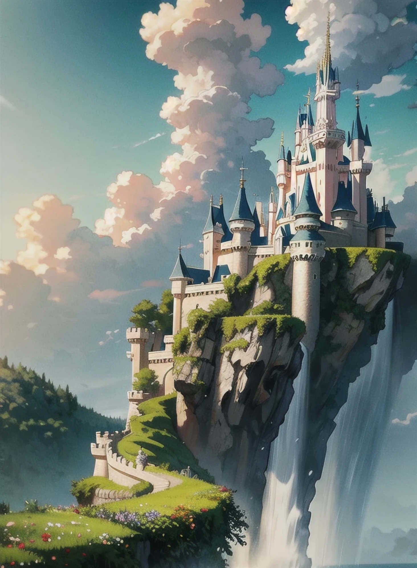 Epic CG matte painting, wide view, pale green clouds, Disney castle, garden full of flowers on the clouds, a few drops of water falling from the clouds, a sea of pale green roses, HD images, Unreal Engine, ArtStation 4k HD trend  