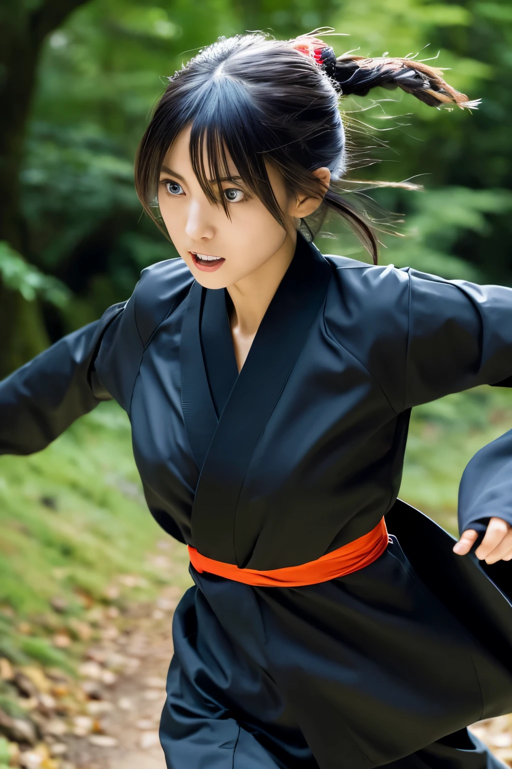 skinny Japanese woman in black Ninja kimono costume running to escape in the dark forest, beautiful face, ((detailed face, detailed eyes)), high quality, high resolution, hyperrealistic photo, a photo capturing a fighting moment, award-winning, masterpiece