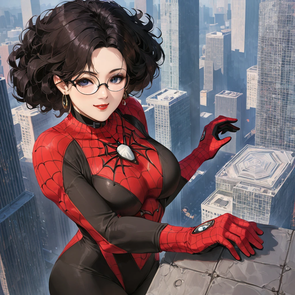 Spider Suit, spiderweb print, spiderweb, Spiderman, masterpiece, Absurd, Fine details, High resolution, ((Highly detailed face and eyes)), Realistic,, Focus on the eyes,, Stand on the roof of a skyscraper, ((No mask)), Looking at the audience, smile, Black Hair, Shonen Focus, Big Hair, Curly Hair, Round Glasses, Earrings, , New York Buildings Background,