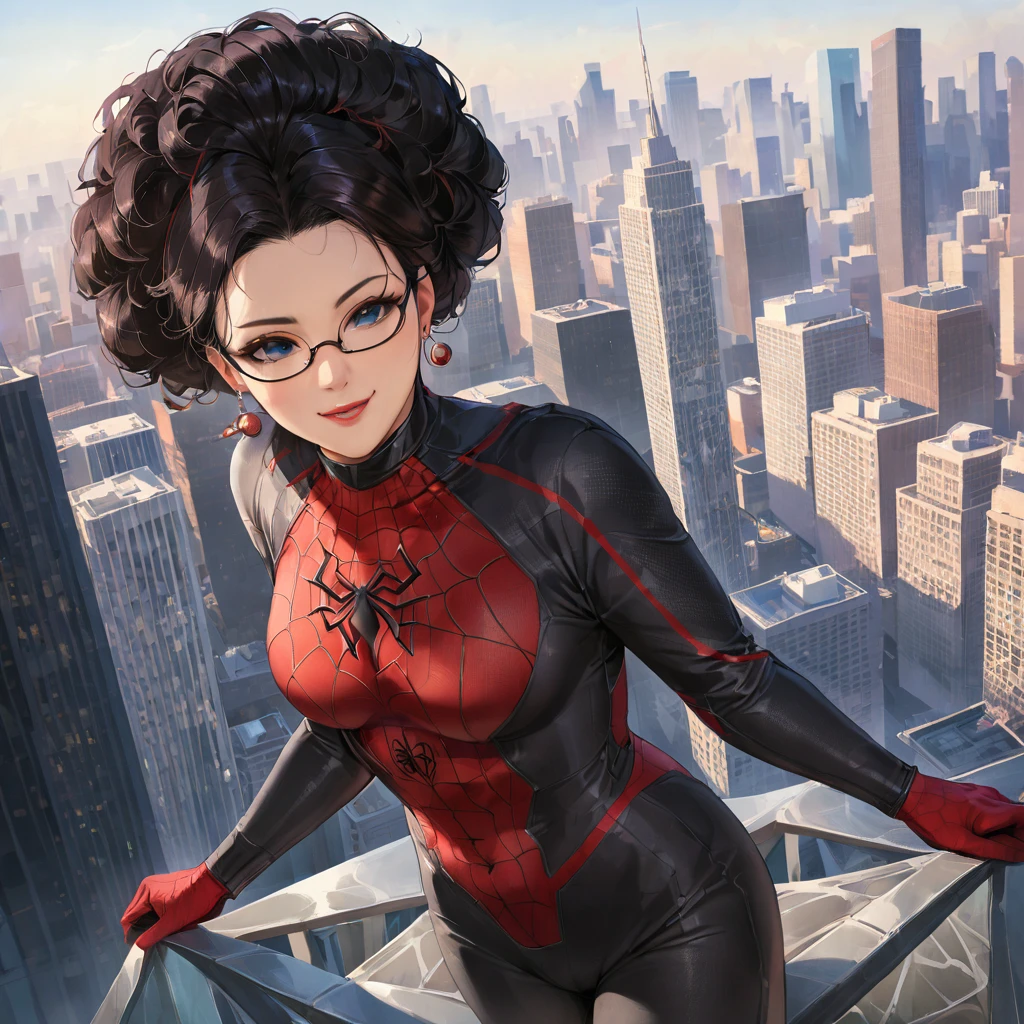 Spider Suit, spiderweb print, spiderweb, Spiderman, masterpiece, Absurd, Fine details, High resolution, ((Highly detailed face and eyes)), Realistic,, Focus on the eyes,, Stand on the roof of a skyscraper, ((No mask)), Looking at the audience, smile, Black Hair, Shonen Focus, Big Hair, Curly Hair, Round Glasses, Earrings, , New York Buildings Background,