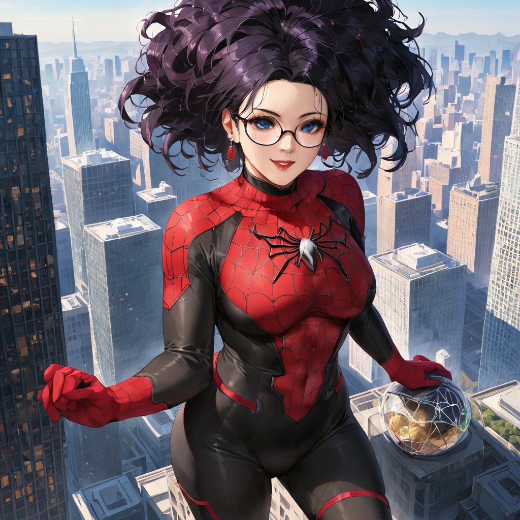 Spider Suit, spiderweb print, spiderweb, Spiderman, masterpiece, Absurd, Fine details, High resolution, ((Highly detailed face and eyes)), Realistic,, Focus on the eyes,, Stand on the roof of a skyscraper, ((No mask)), Looking at the audience, smile, Black Hair, Shonen Focus, Big Hair, Curly Hair, Round Glasses, Earrings, , New York Buildings Background,