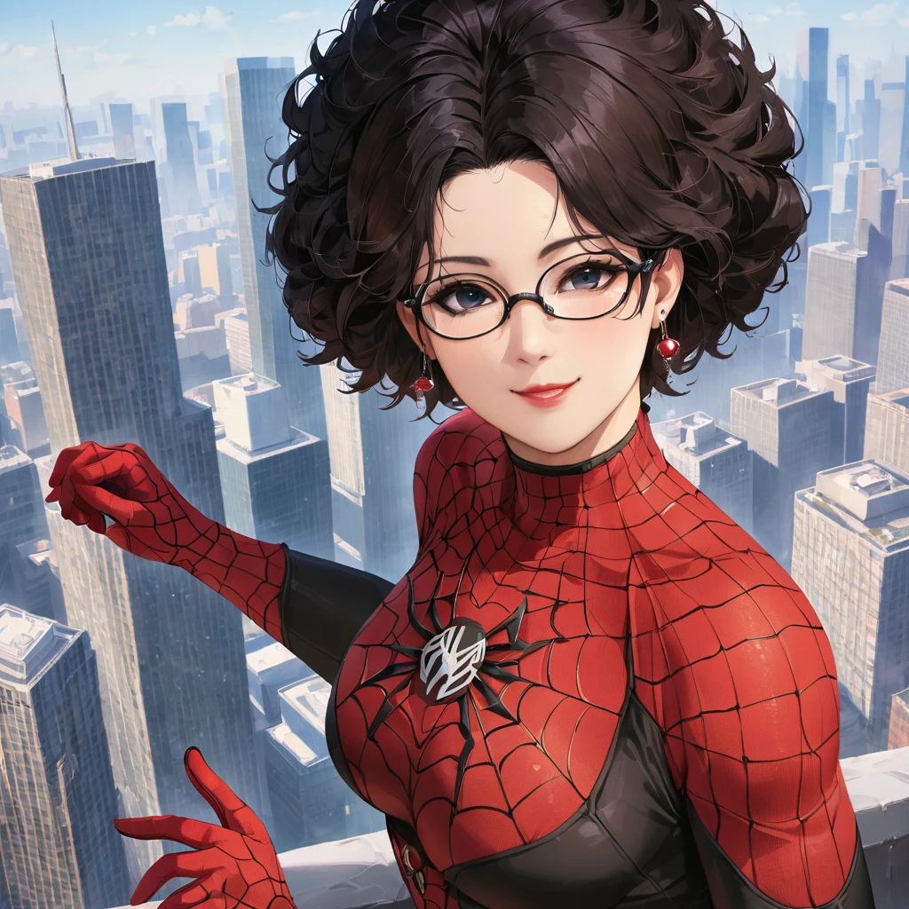 Spider Suit, spiderweb print, spiderweb, Spiderman, masterpiece, Absurd, Fine details, High resolution, ((Highly detailed face and eyes)), Realistic,, Focus on the eyes,, Stand on the roof of a skyscraper, ((No mask)), Looking at the audience, smile, Black Hair, Shonen Focus, Big Hair, Curly Hair, Round Glasses, Earrings, , New York Buildings Background,