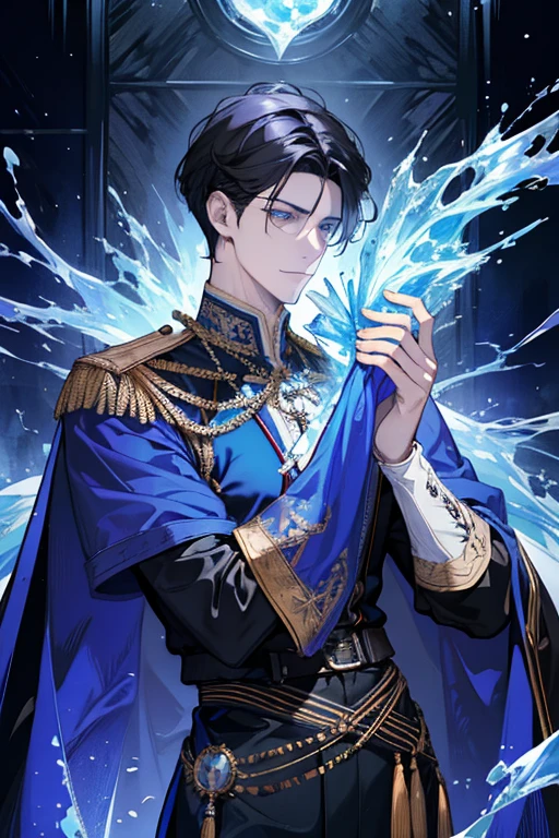 (absurdres, highres, ultra detailed), 1 male, adult, handsome, tall muscular guy, broad shoulders, finely detailed eyes, dark color hair, fantasy, complex pattern, detailed face, throne, magic effect, best ratio four finger and one thumb, ice, bitter cold, cold snap, smile, (dutch angle), closed mouth
