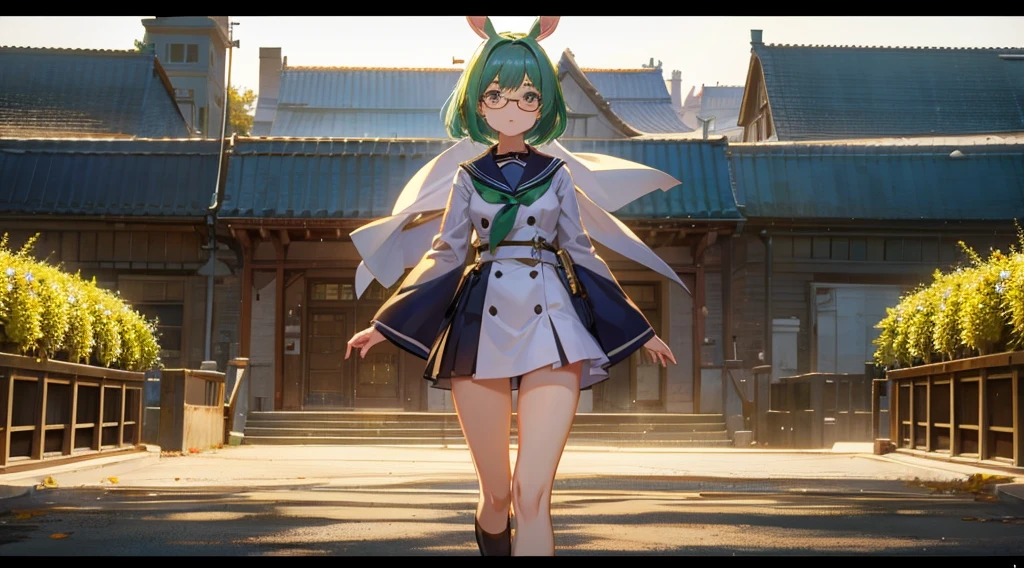 neat figure, {{{3 girl}}}, age girl, very short hair, Air bangs, deep green hair, extremely beautiful detailed anime face and eyes, ^ ^, highly detailed skin, rabbit ears, Round rabbit tail, Black glasses without a frame on top, gun, sailor dress, Long sleeve, white skirt, black background Clothes, Japanese style architecture, Night, outdoors, luminous particles, Very detailed CG unified 8k wallpaper, very fine 8KCG wallpaper, hyper quality,