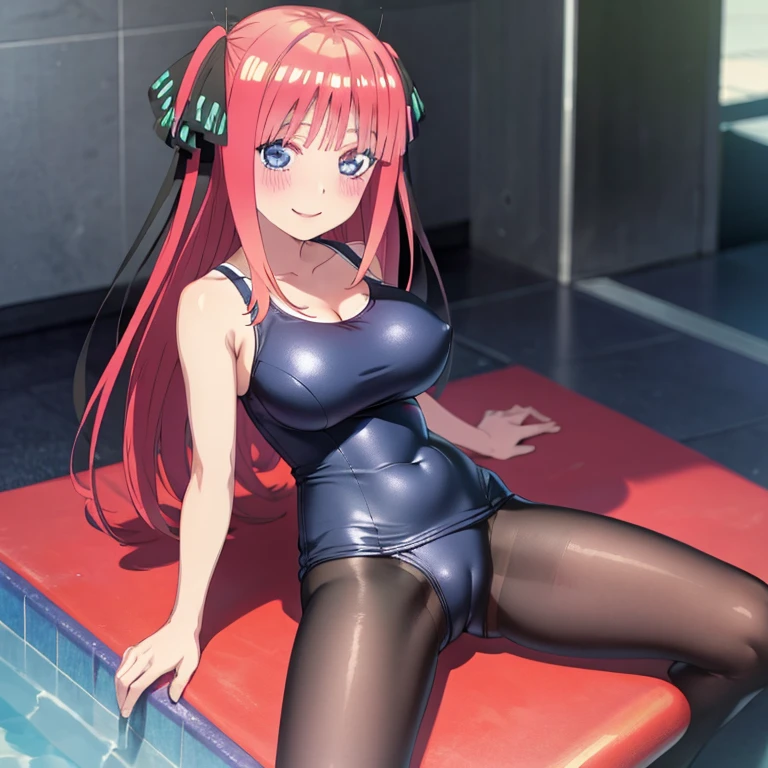 best quality, ultra-detailed masterpiece, anime art style, cute character, nino nakano, large breasts, blush, smile, one-piece swimsuit, pantyhose, open legs