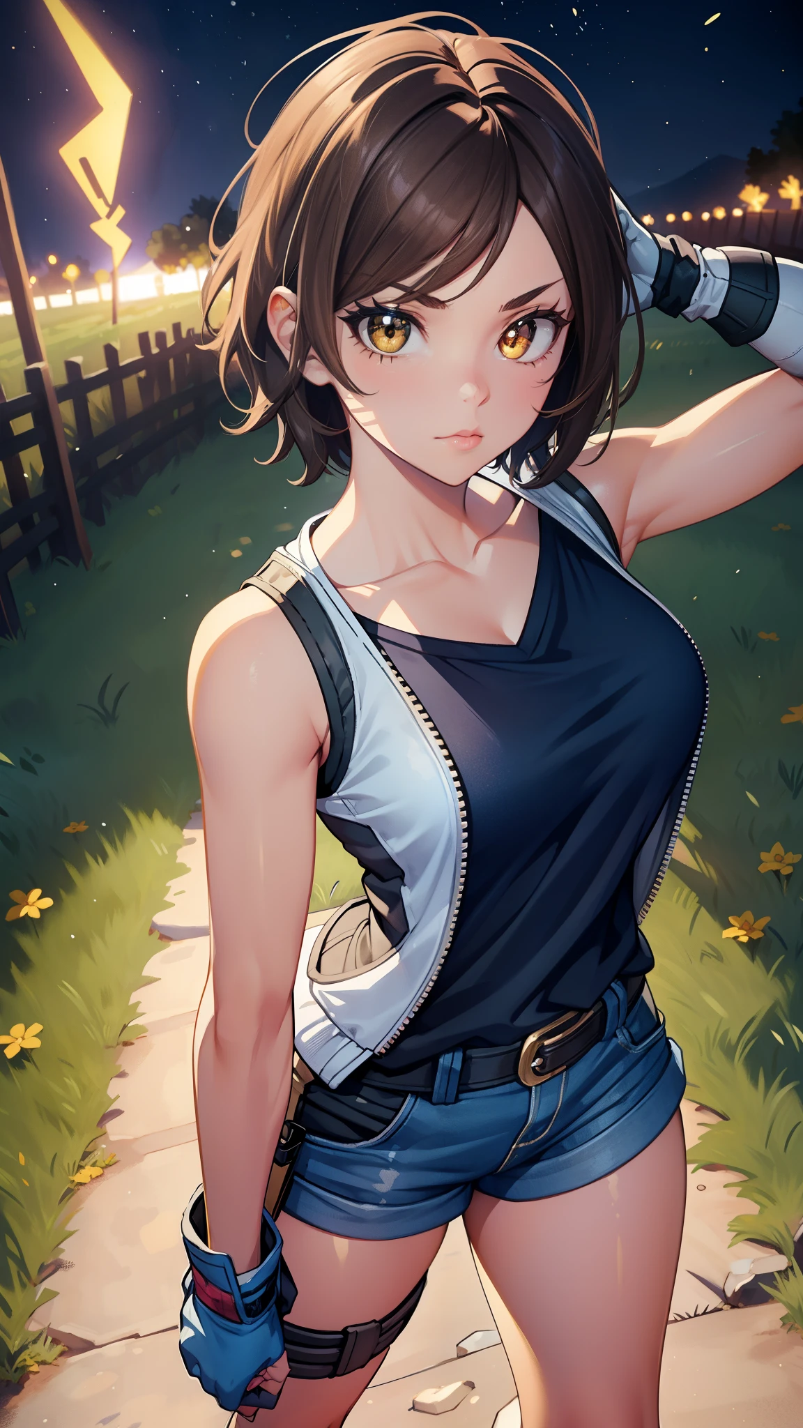 short hair, brown hair, yellow glowing eyes, perfect lips,alert look ,  ready stance, cute expression, cute face, walking in the campfield, fingerless gloves, gun, tank top, jacket, alert pose, ultra detailed face, long eyelashes, sharp eyes , Fullbody shot, dinamic viewer, night sky , dinamic point of view, diferents point of view, campfield, bonfire 