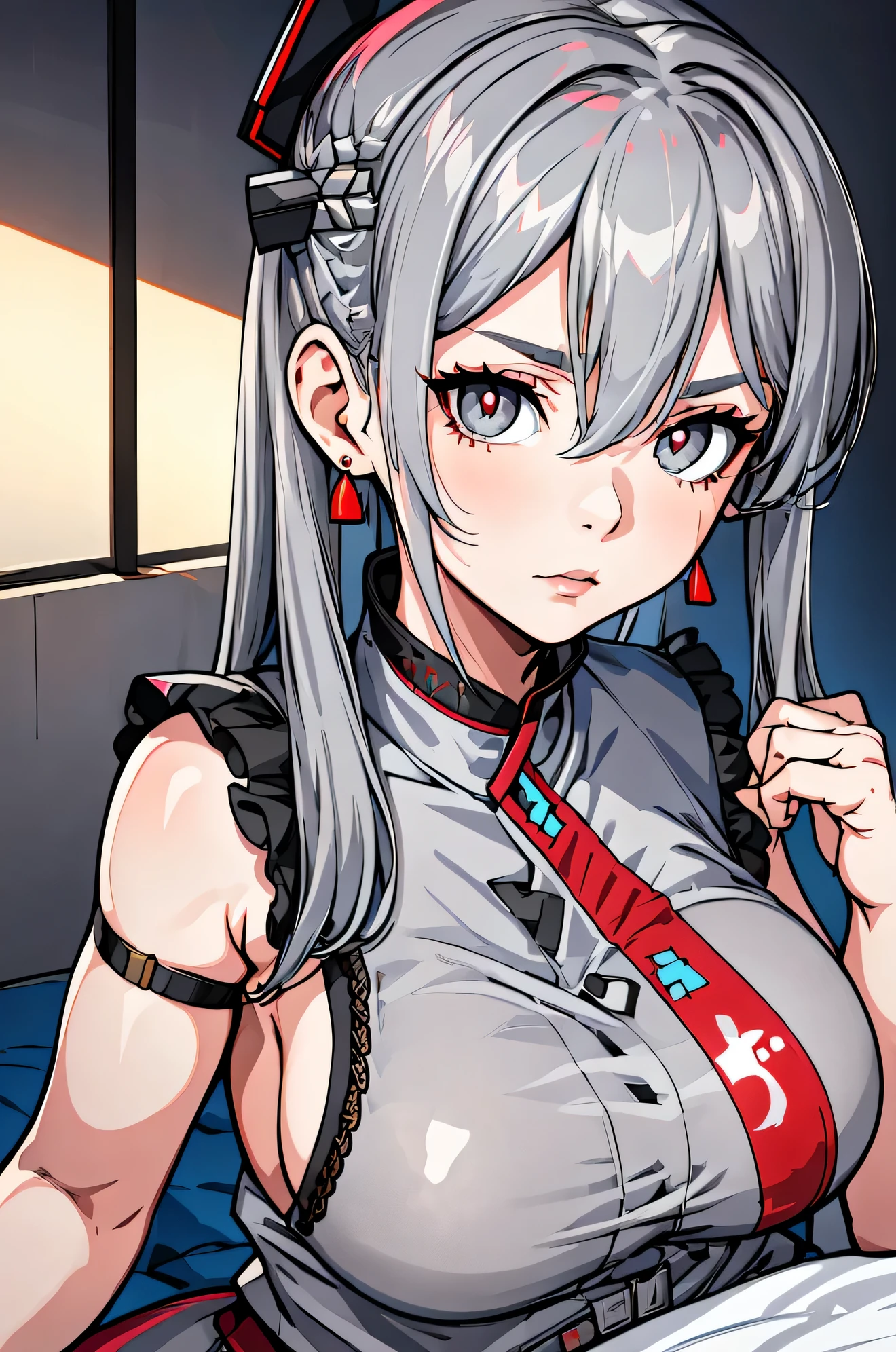 (Realistic painting style:0.9), masterpiece, best quality, absurdres, looking at viewer, solo, (grey babydol:1.5), bronya zaychik, red pupils, large breasts, long hair, grey hair, bangs, grey eyes, earrings, drill hair, hair between eyes, hair ornament, (babydoll:1.3), see-through, bed, expressionless