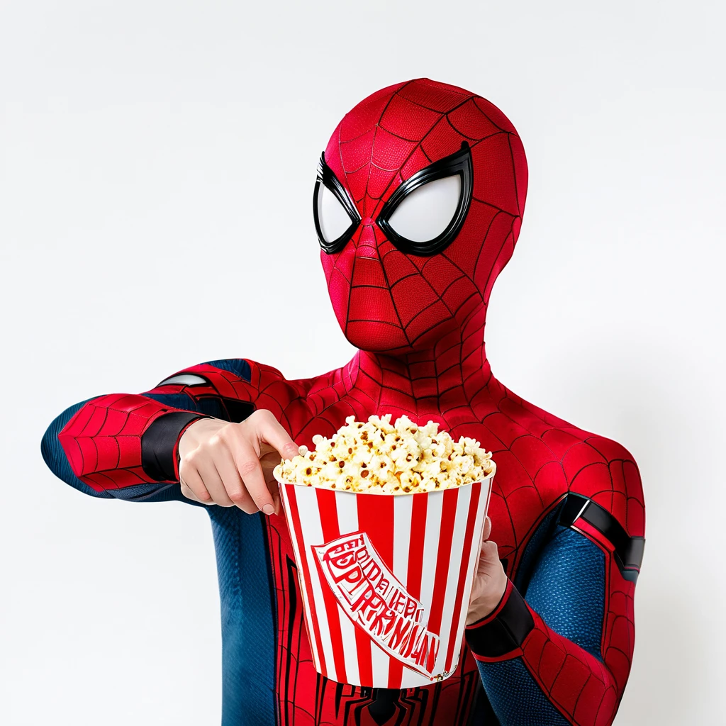 Create an advertising image of Spider-Man, pose imponente, making a positive sign with your hand, endless white background scenery, luz vibrante, holding a very pretty popcorn wrapper in her hands.