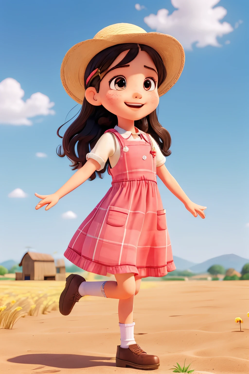 
7  , Happy  jumping with open arms, wearing a straw farmer's hat, wearing a checkered and colorful country dress in shades of pink and white, dress with sewing details, long black hair and pigtail hairstyle, freckles on the face, ((melhor qualidade)), ((obra de arte)), (detalhado), rosto perfeito